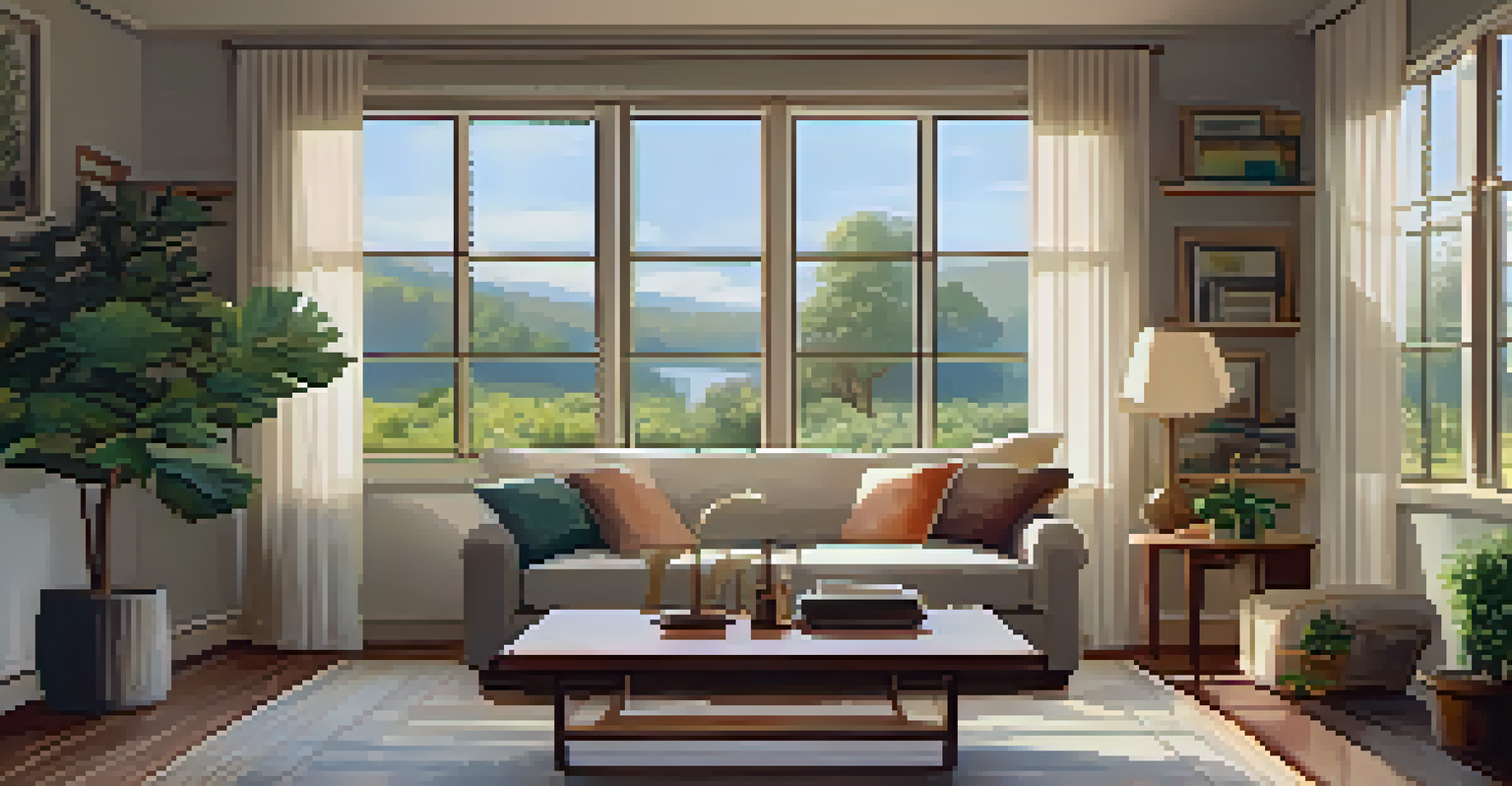 A warm and inviting living room with a sofa, coffee table, and plants, illuminated by soft lighting.