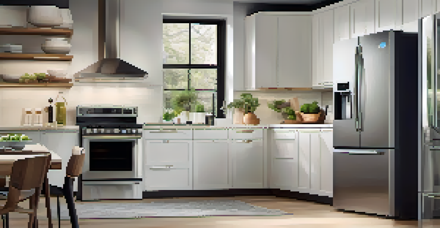 A modern kitchen with smart appliances and a smartphone control app.