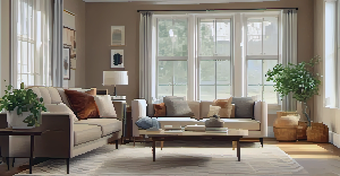 A warm and inviting living room with a modern sofa, coffee table, and large windows showcasing natural light.