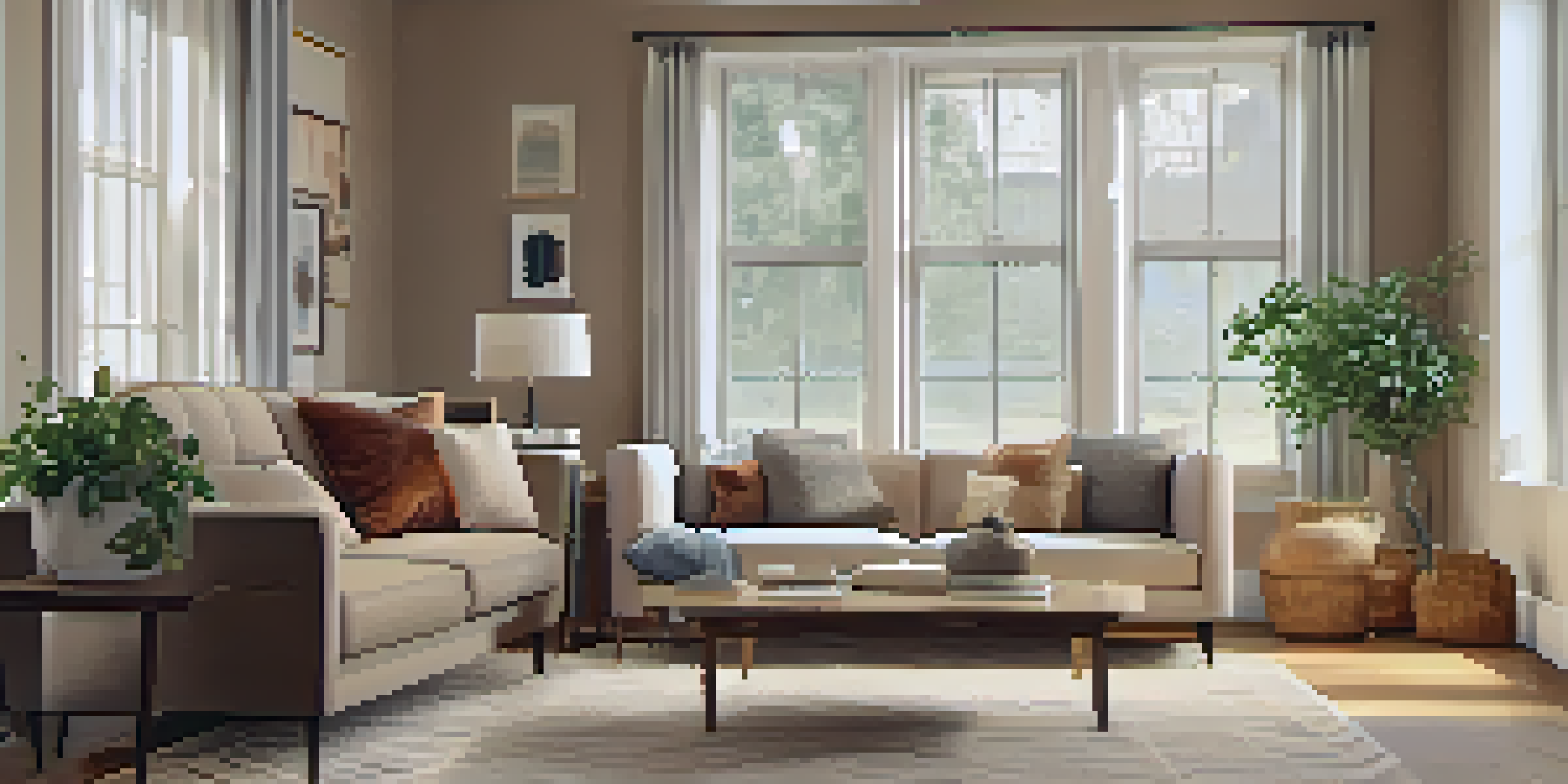 A warm and inviting living room with a modern sofa, coffee table, and large windows showcasing natural light.