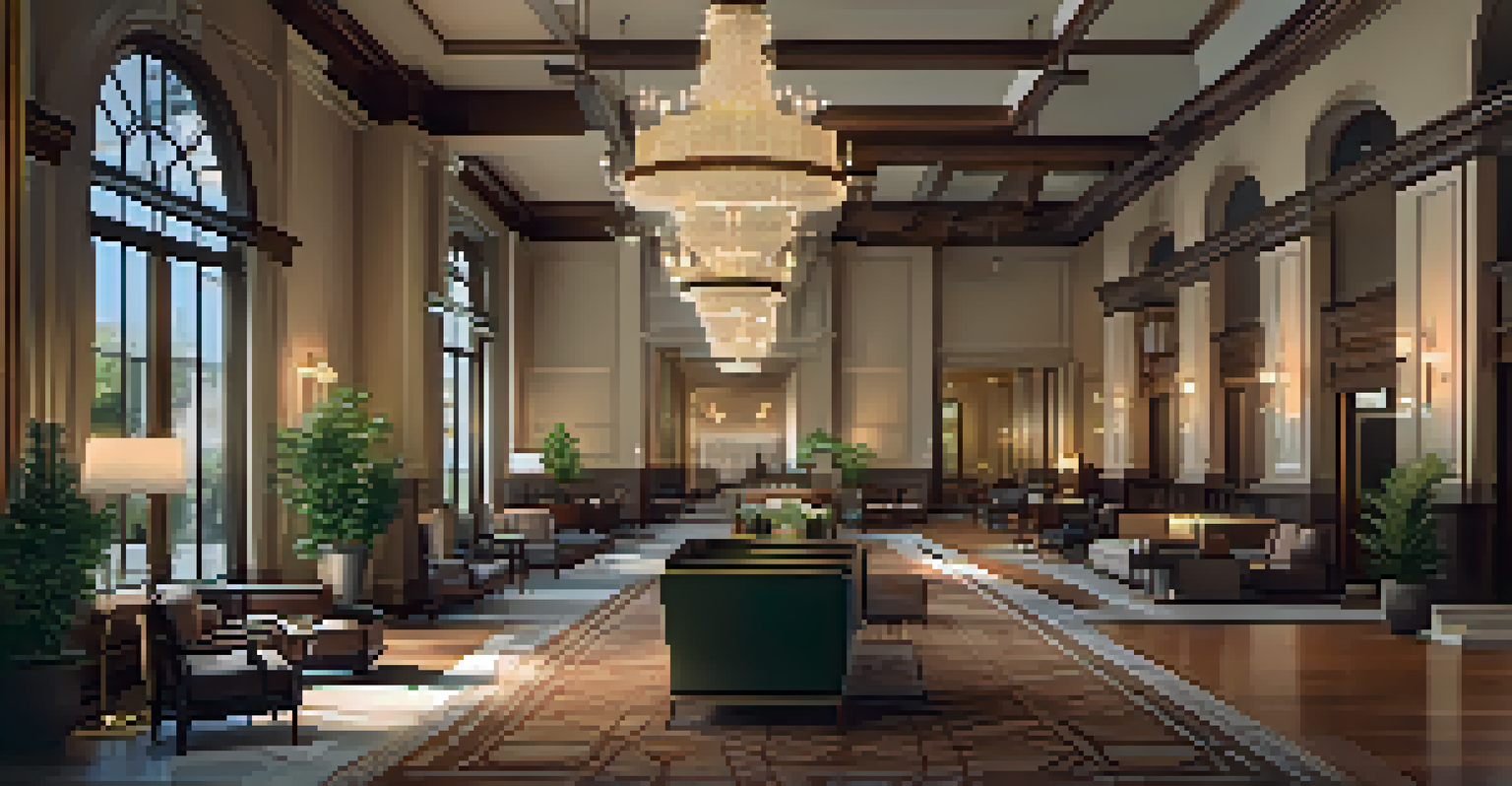 A historical hotel lobby that blends vintage charm with modern decor, featuring high ceilings and elegant furnishings under soft lighting.
