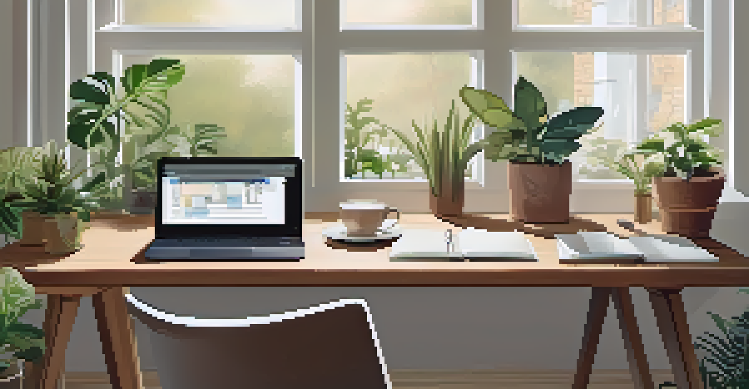 A desk with a laptop, notepad, coffee cup, and houseplants in a well-lit workspace.