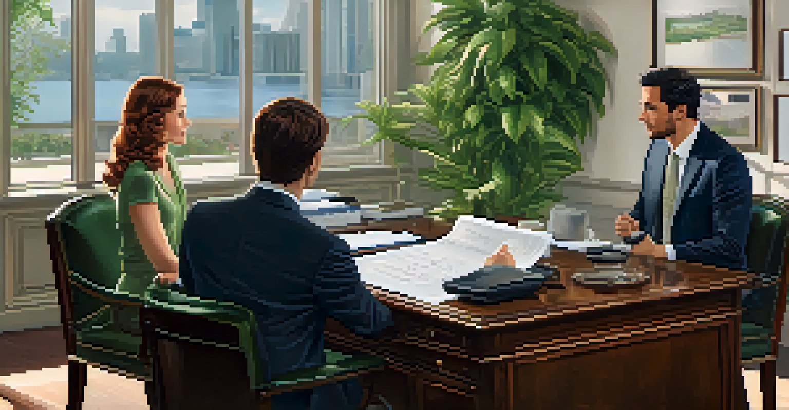 A real estate agent discusses the Code of Ethics with a couple in a well-lit office filled with plants and wooden furniture.