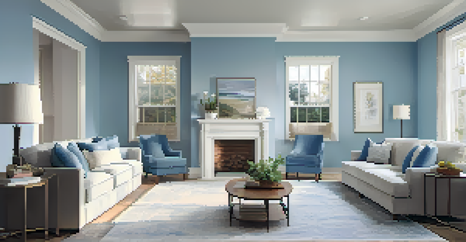 A living room with new paint and flooring, featuring a cozy arrangement of furniture and a peaceful color scheme.