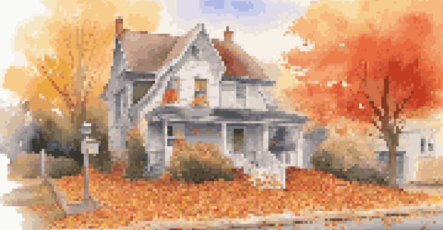 An autumn scene showing a person cleaning gutters on a house surrounded by colorful leaves, with a sunset in the background.