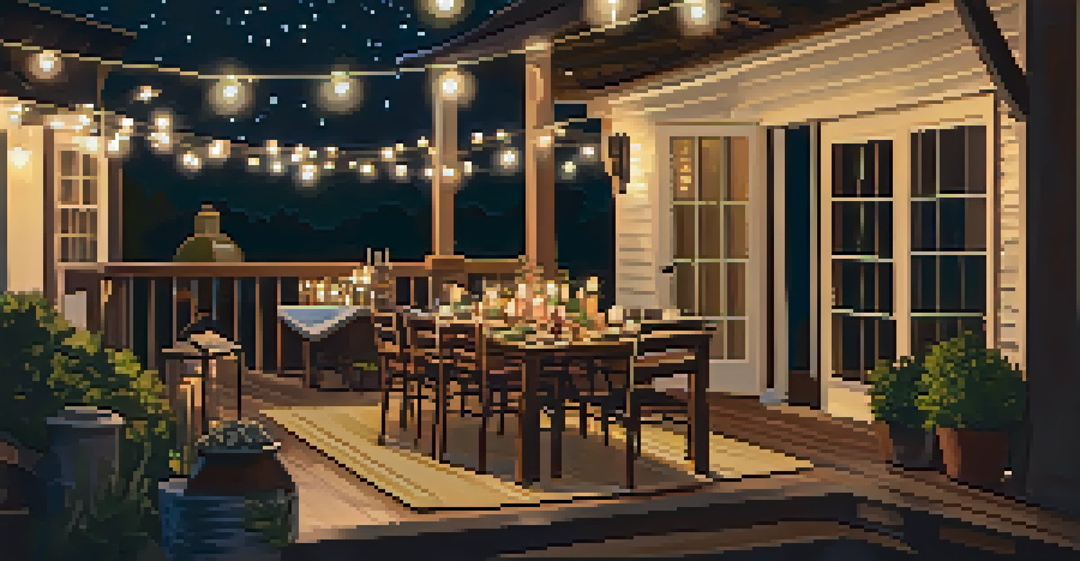 An outdoor patio illuminated with twinkling string lights and LED lanterns, creating a festive atmosphere for guests.