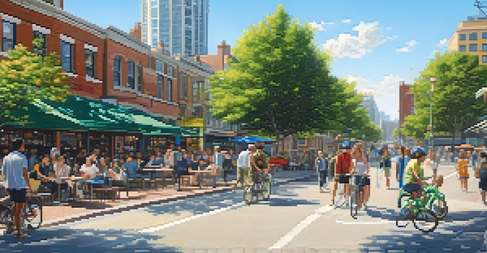 A vibrant city street filled with people, cafes, and shops, surrounded by modern buildings and greenery under a sunny sky.