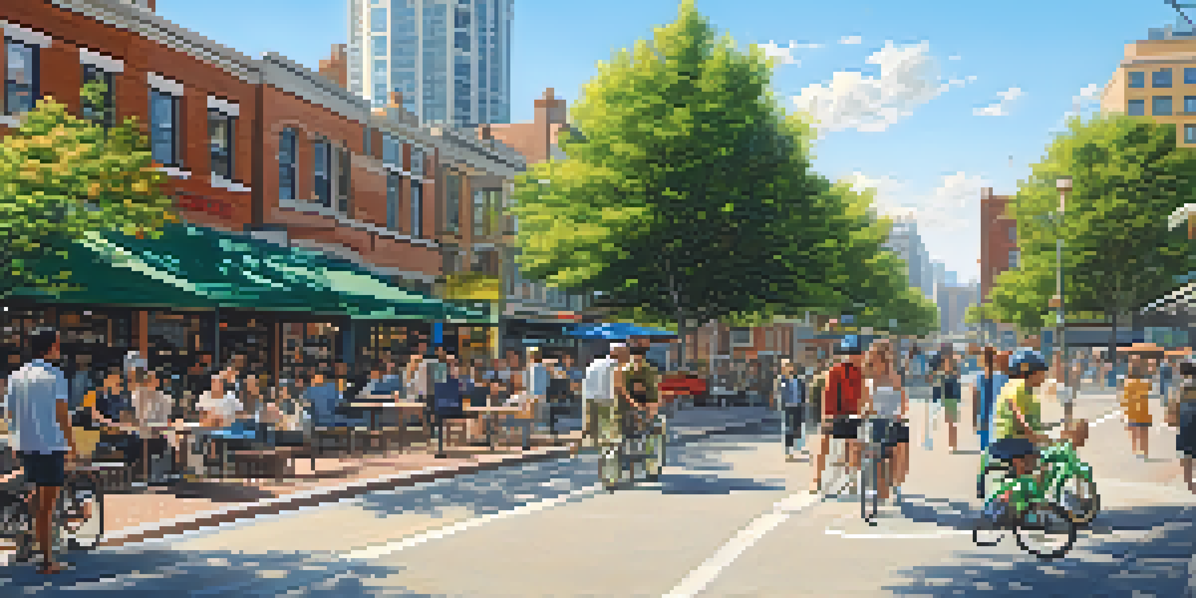 A vibrant city street filled with people, cafes, and shops, surrounded by modern buildings and greenery under a sunny sky.