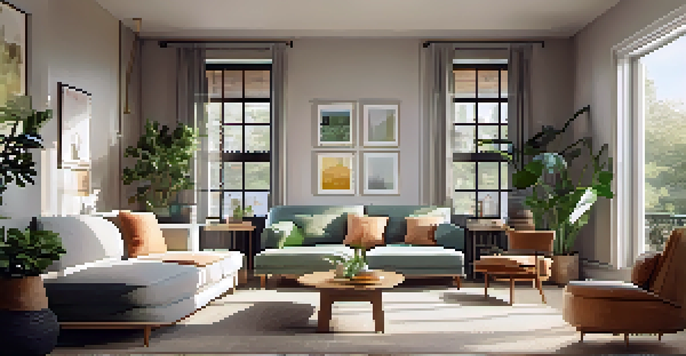 A cozy apartment living room filled with natural light, featuring a plush sofa and framed artworks.