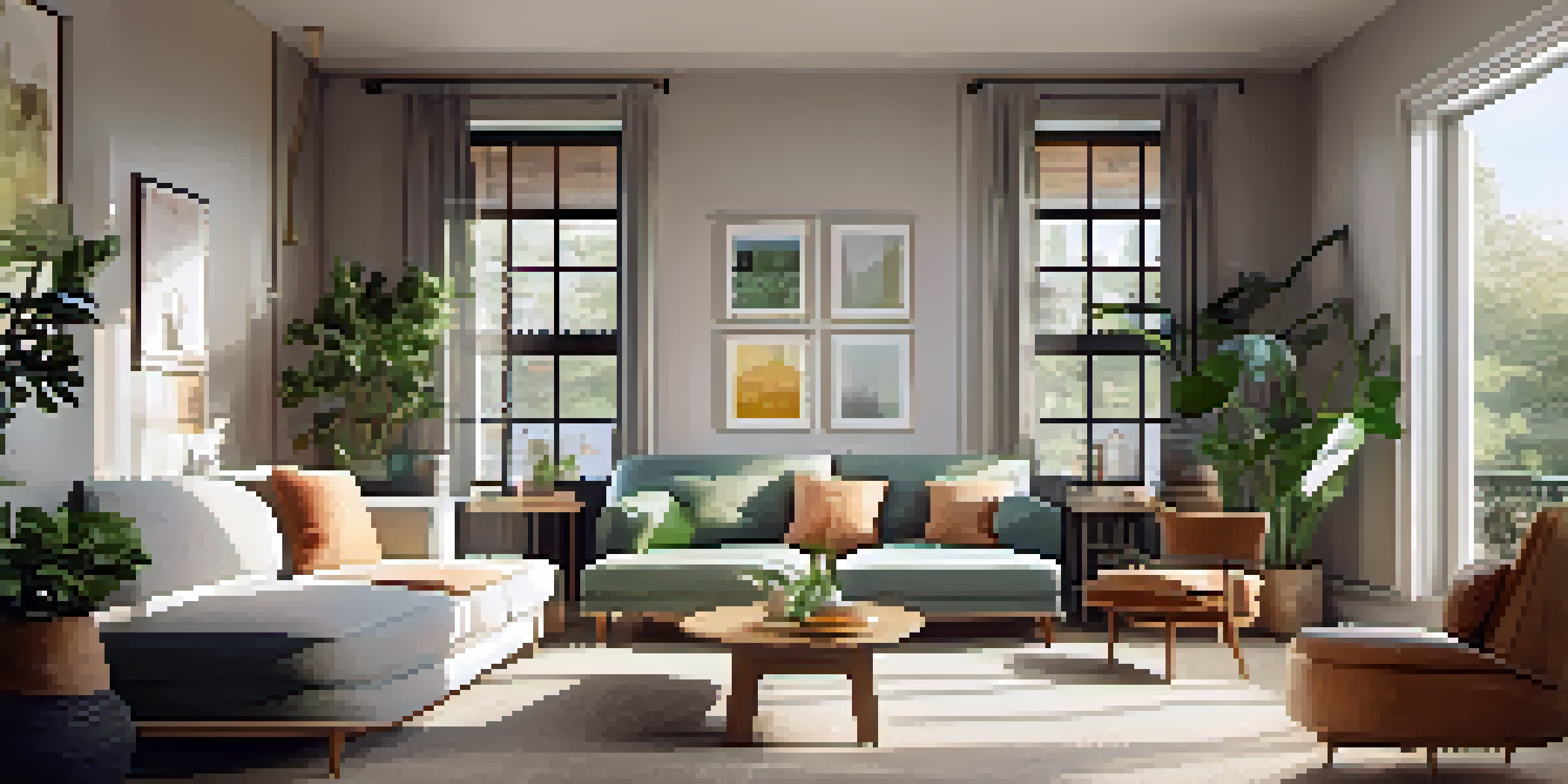 A cozy apartment living room filled with natural light, featuring a plush sofa and framed artworks.