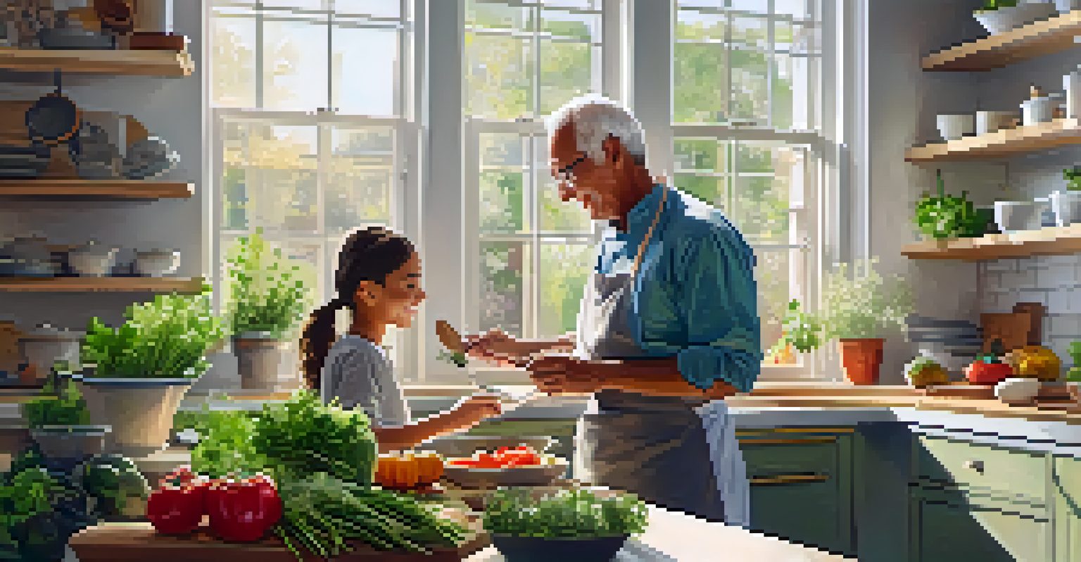 A tranquil kitchen scene with an older adult and a teenager cooking together, surrounded by fresh vegetables and herbs, illuminated by sunlight.