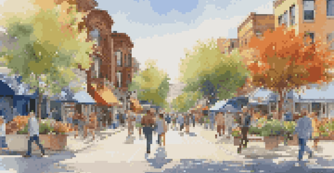 A lively urban neighborhood with pedestrians walking on wide sidewalks, surrounded by trees and shops, under a clear blue sky.