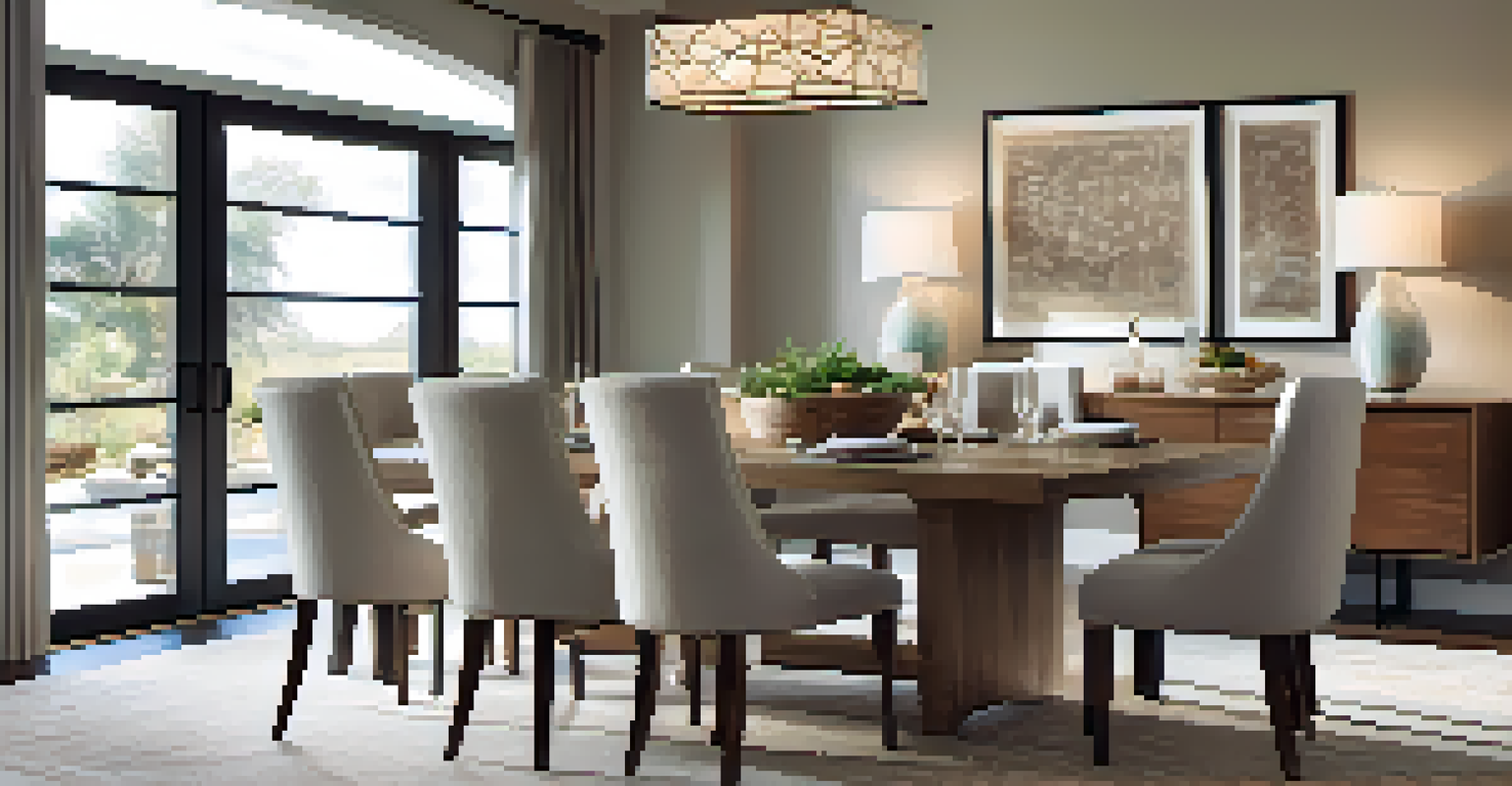 A stylish dining area in an open concept space, featuring a wooden table, comfortable chairs, and accent lighting, bathed in natural light.