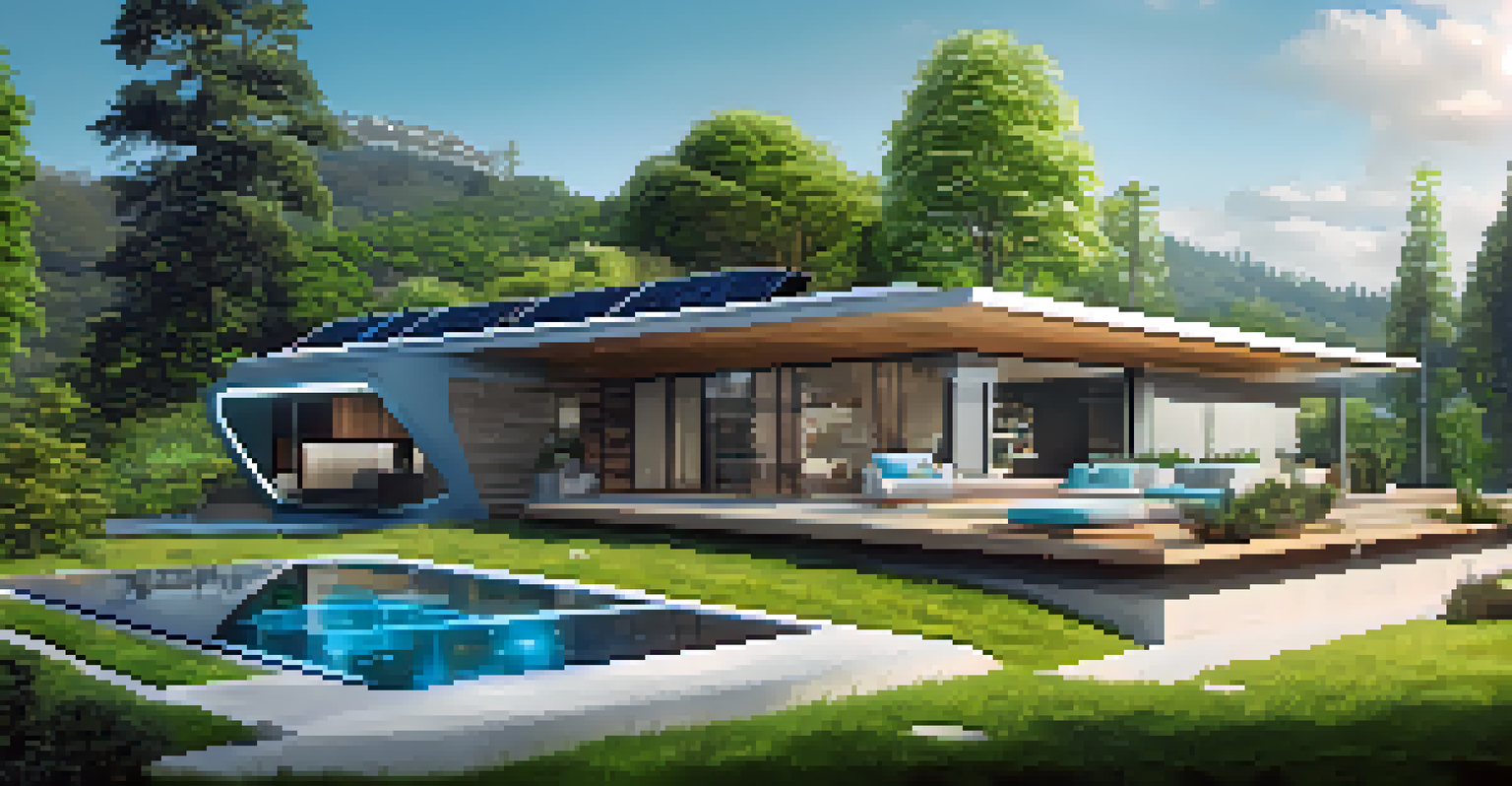 A modern smart home with green surroundings, featuring various smart devices and solar panels.