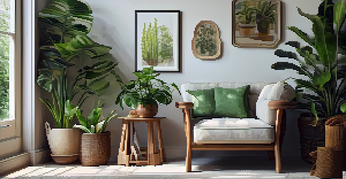 A corner with houseplants, an armchair with a throw blanket, and a vintage side table in natural light.