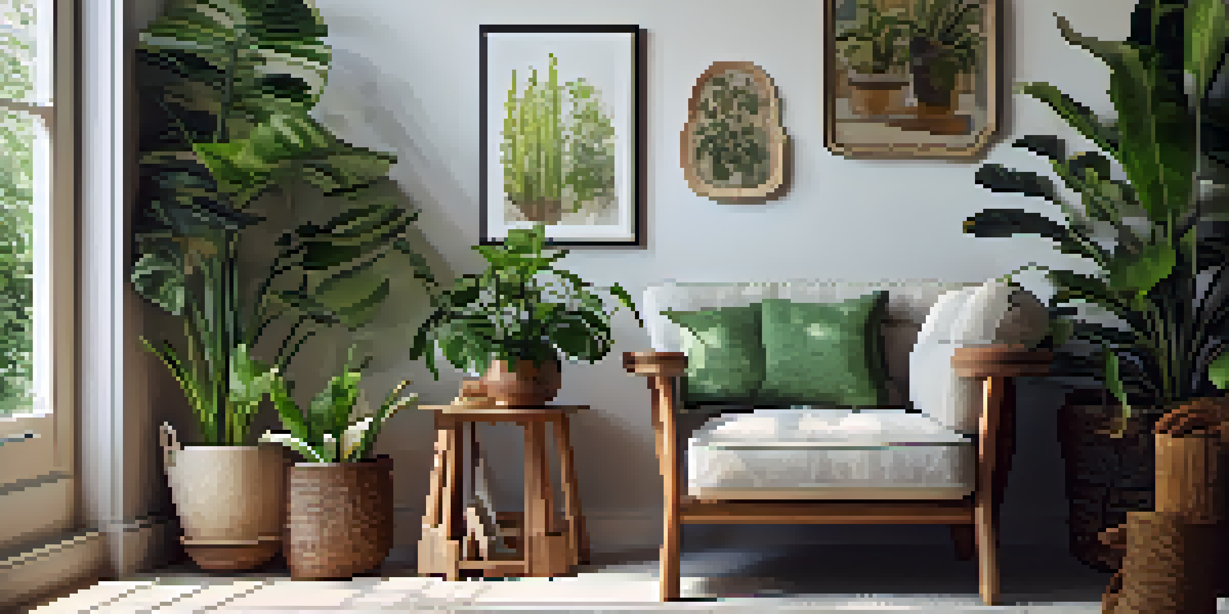 A corner with houseplants, an armchair with a throw blanket, and a vintage side table in natural light.