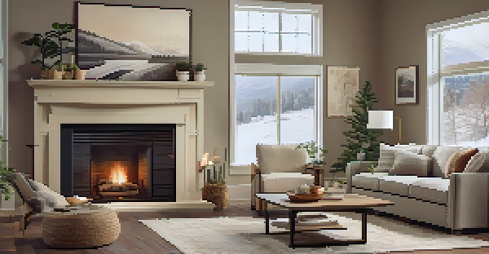 A warm and inviting living room with a fireplace, comfortable furniture, and a snowy landscape visible through the window.
