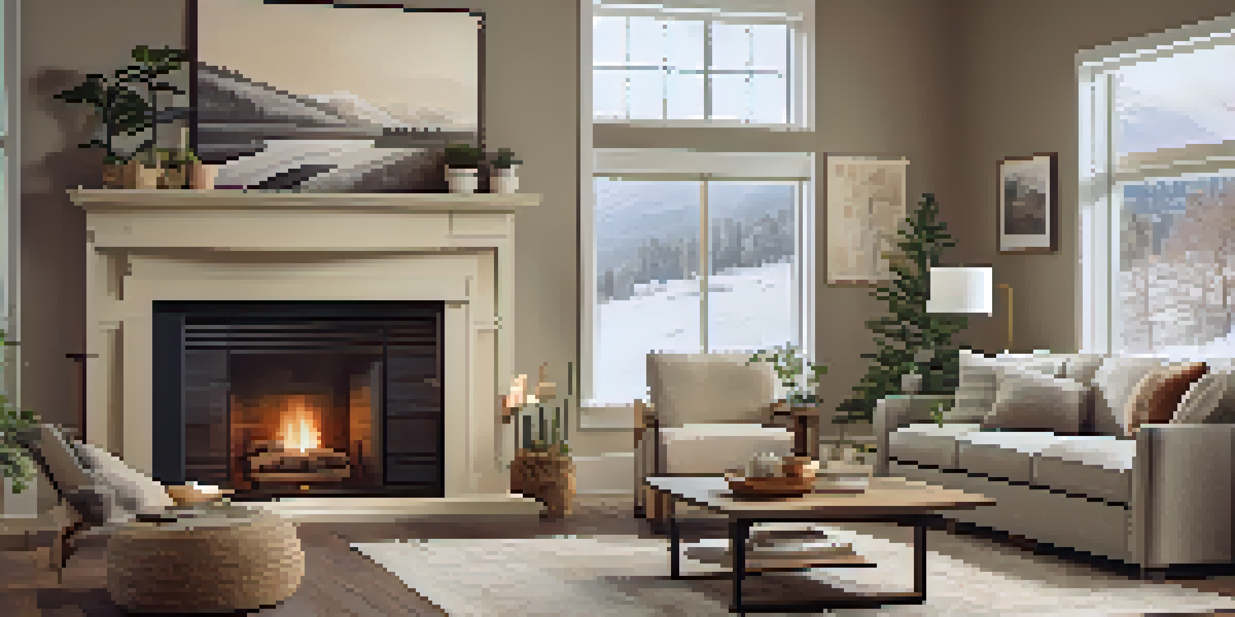 A warm and inviting living room with a fireplace, comfortable furniture, and a snowy landscape visible through the window.