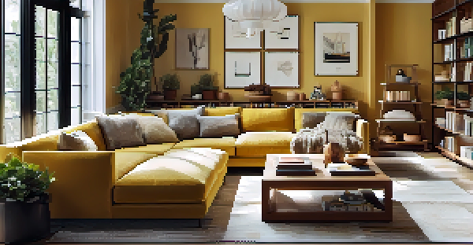 A bright and inviting open concept living room with a warm color palette, plush sofa, and decorative plants.