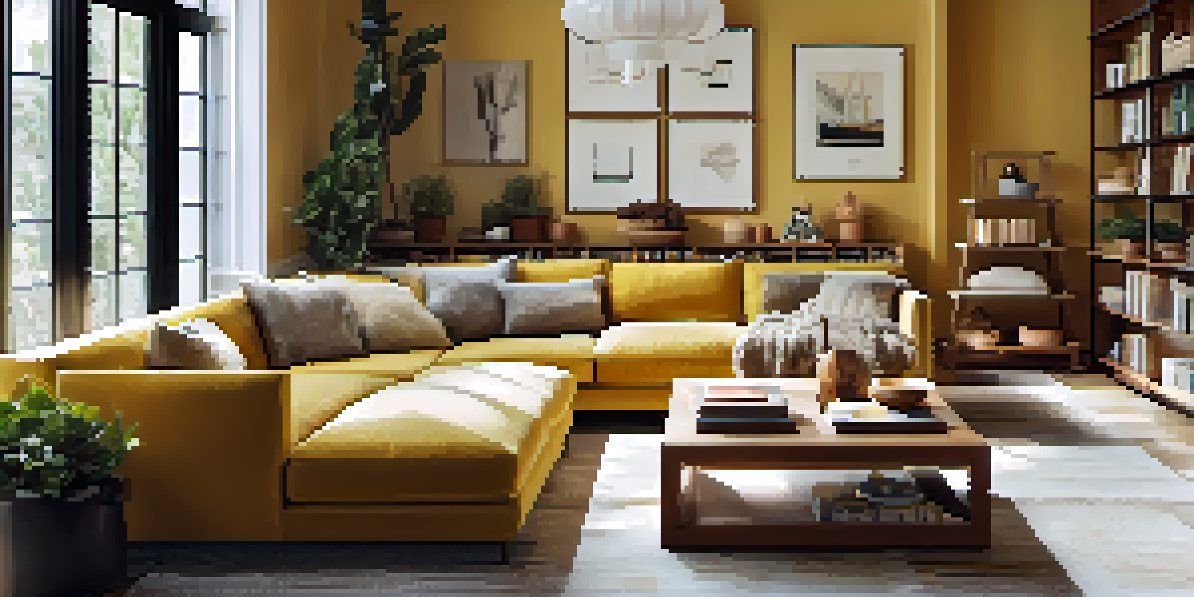 A bright and inviting open concept living room with a warm color palette, plush sofa, and decorative plants.