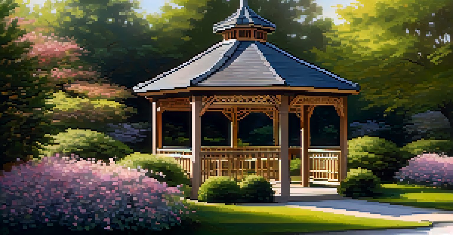 An elegant gazebo with a thatched roof in a peaceful backyard filled with blooming flowers.