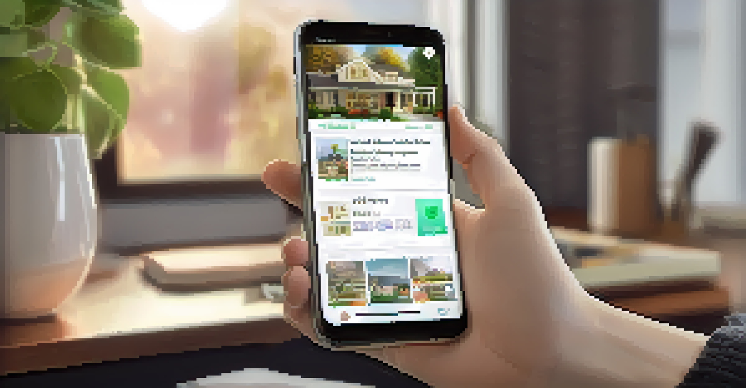 A close-up of a hand holding a smartphone with a real estate crowdfunding app, set in a cozy home office.