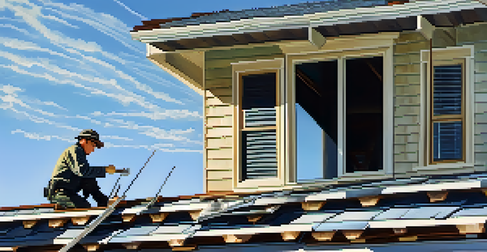A home inspector on a ladder examining a roof with shingles and gutters, under a clear blue sky.