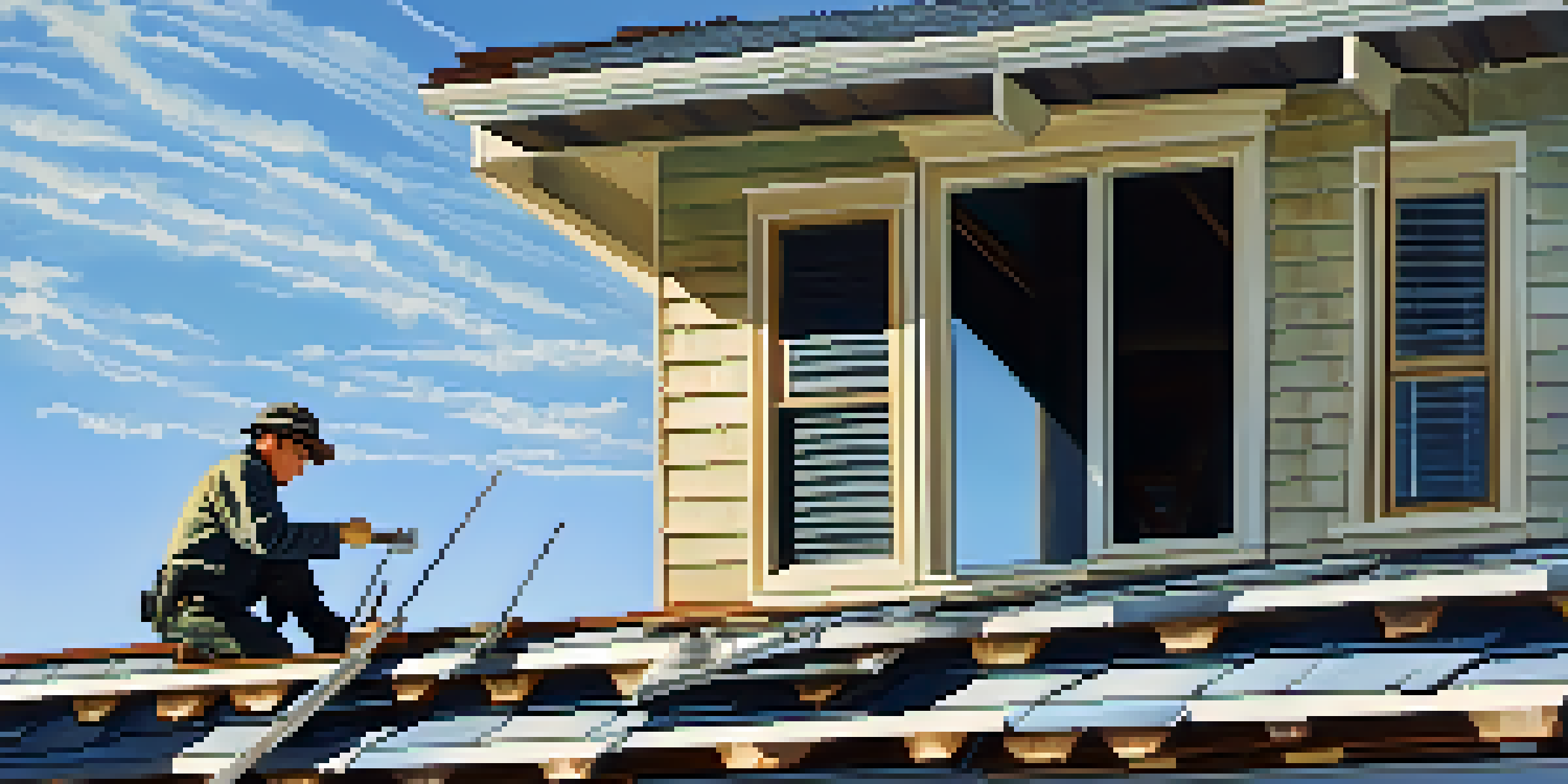 A home inspector on a ladder examining a roof with shingles and gutters, under a clear blue sky.