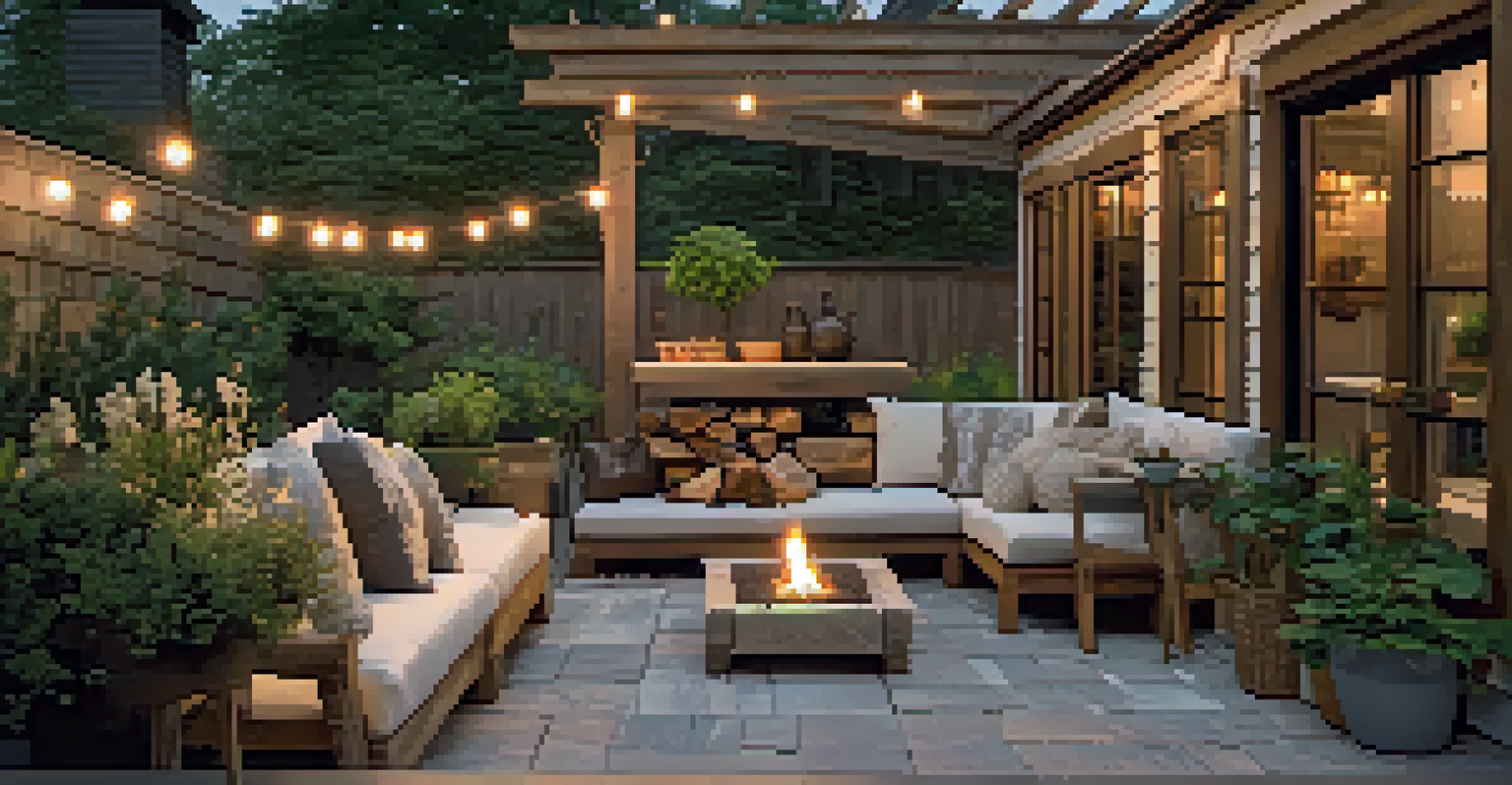 A stone patio with reclaimed wood seating and potted plants, illuminated by soft evening light.