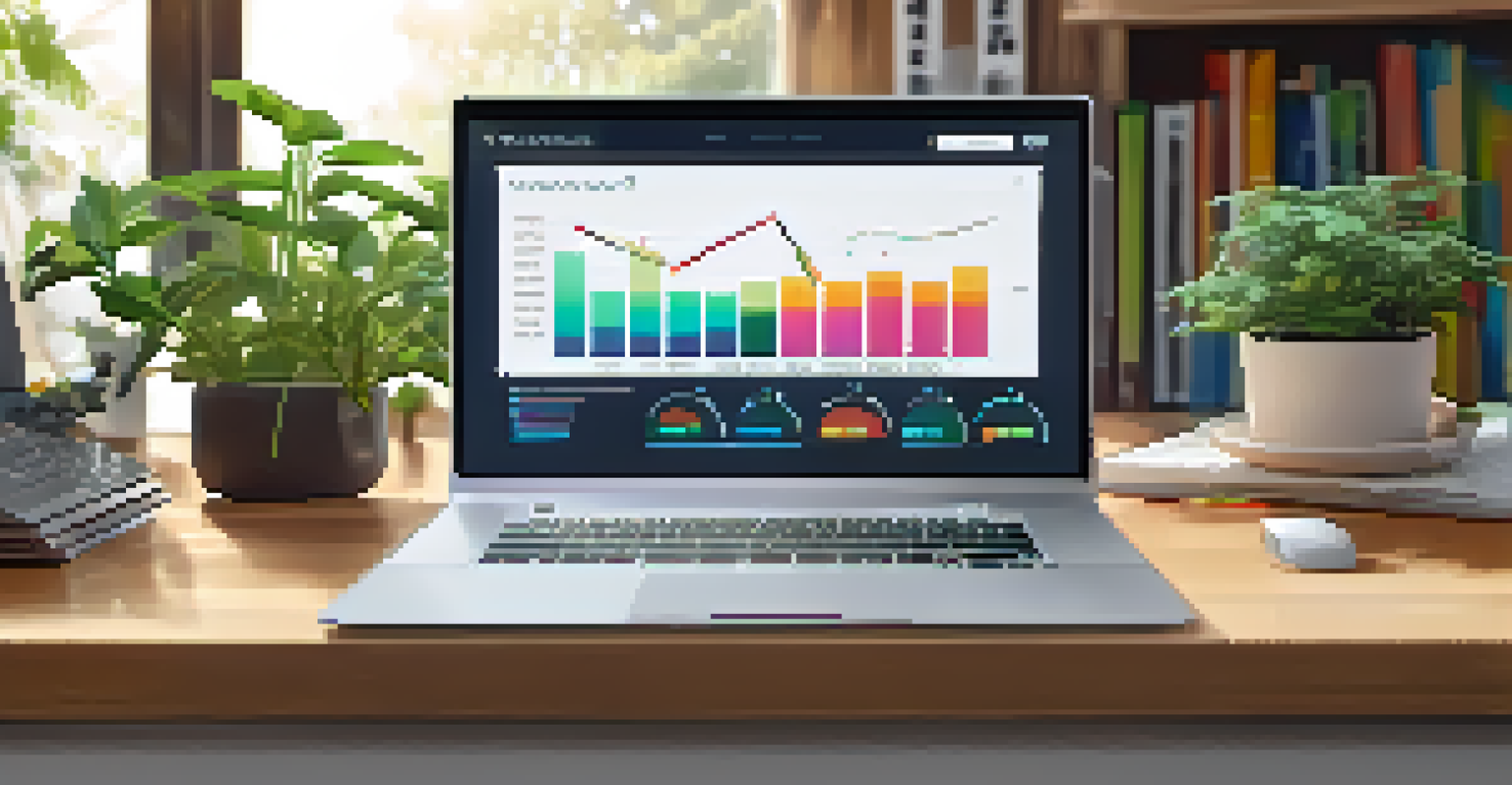A close-up of a laptop showing real estate analytics, set in a cozy home office.