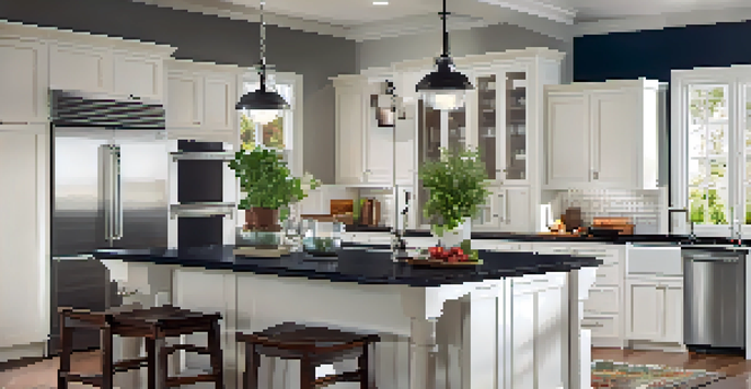 A bright and modern kitchen with an open layout, featuring white cabinetry and dark granite countertops, illuminated by natural light from large windows.