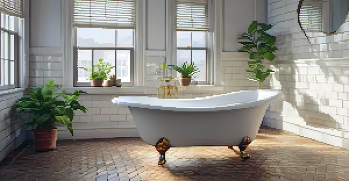 A tranquil bathroom with a clawfoot bathtub, natural light streaming in, and decorated with soft white subway tiles and brass fixtures.