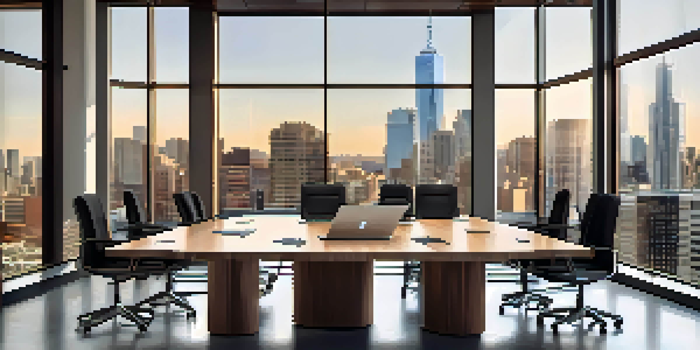 A conference room with a wooden table, laptops, and a city skyline view.