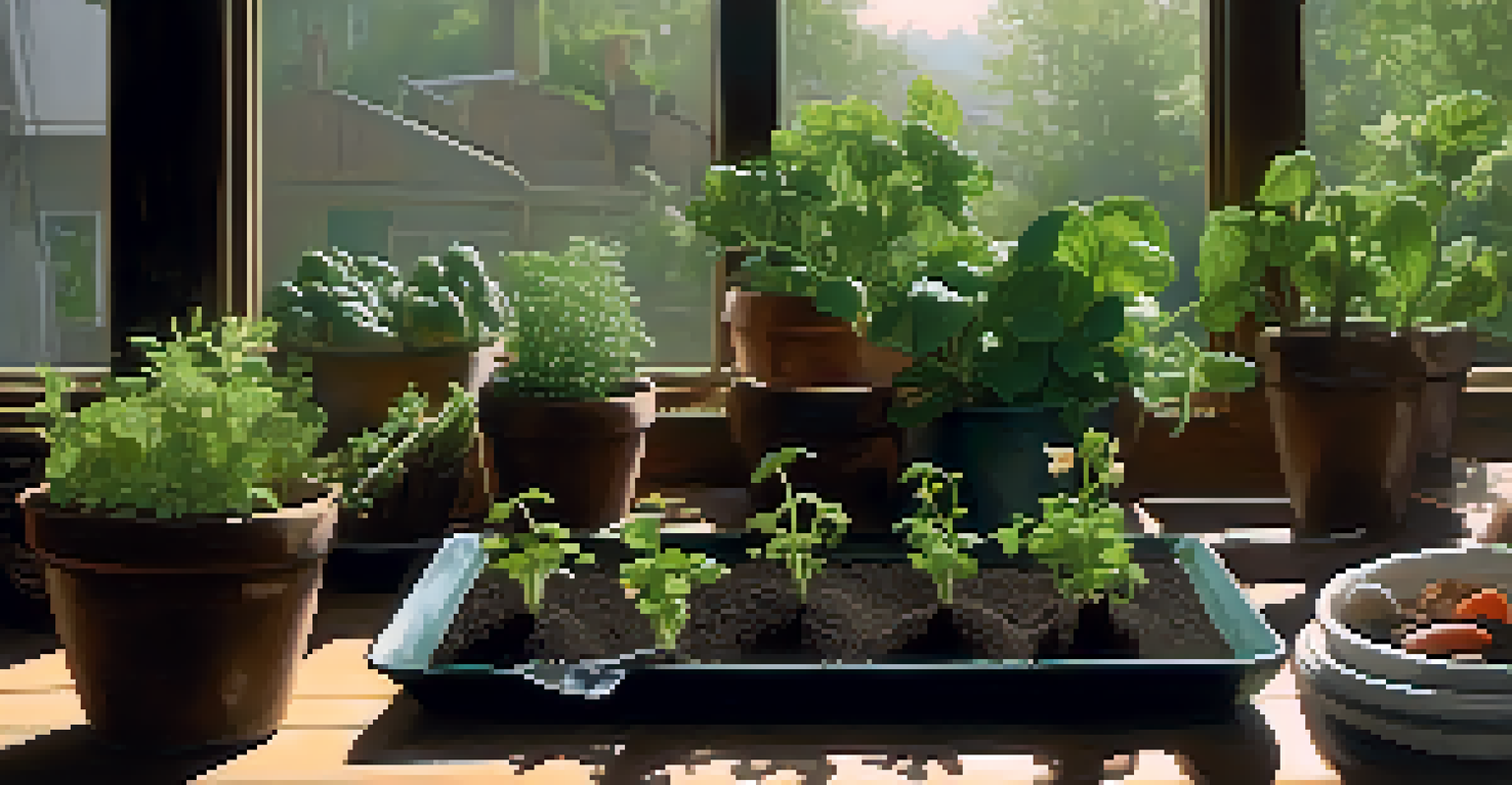 A close-up of a hand planting seeds in soil, with pots of herbs and vegetables on a wooden table and sunlight filtering in.