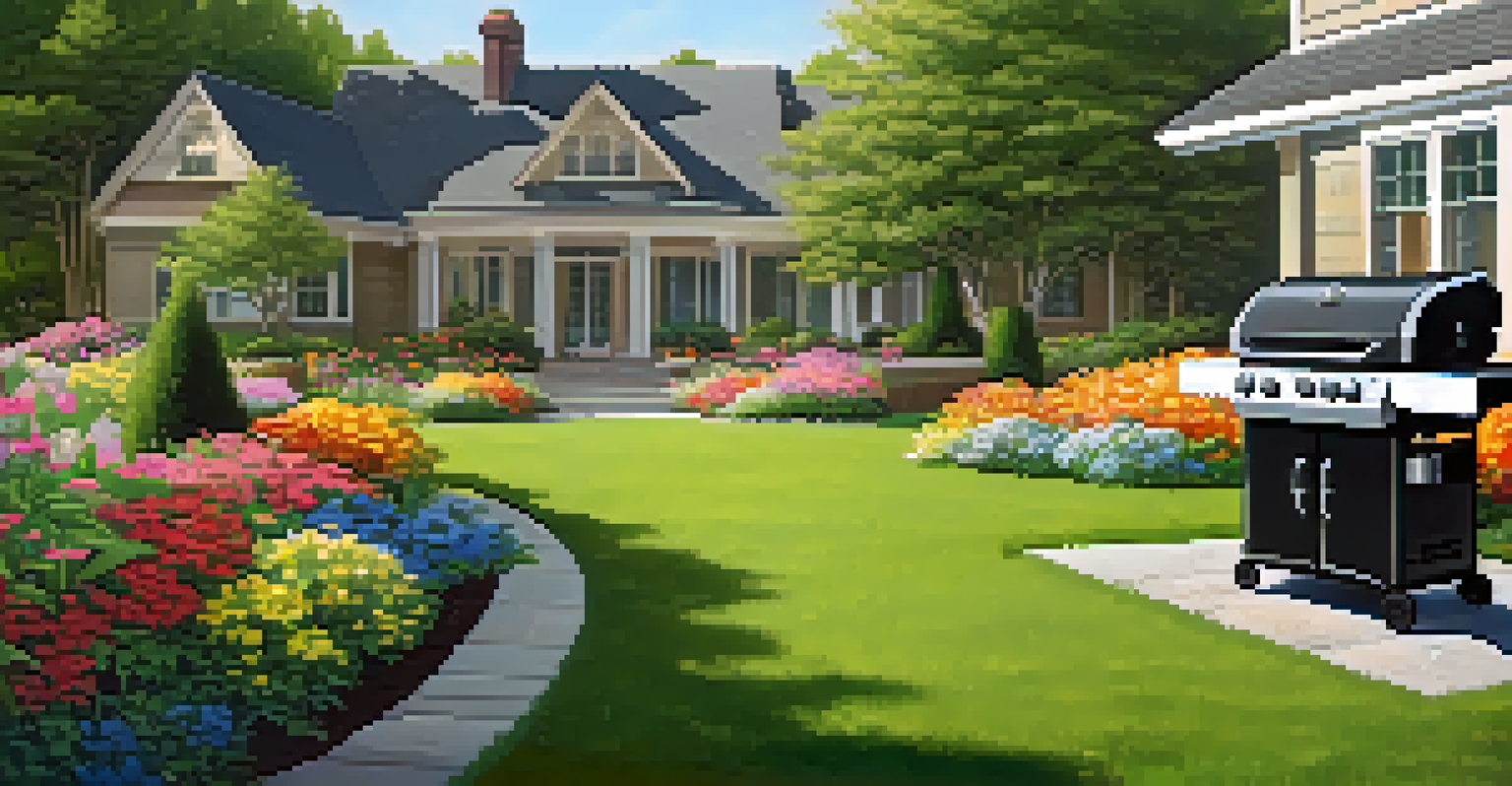 A tidy outdoor area with a clean grill and lawn equipment, showcasing well-maintained grass and flowers.