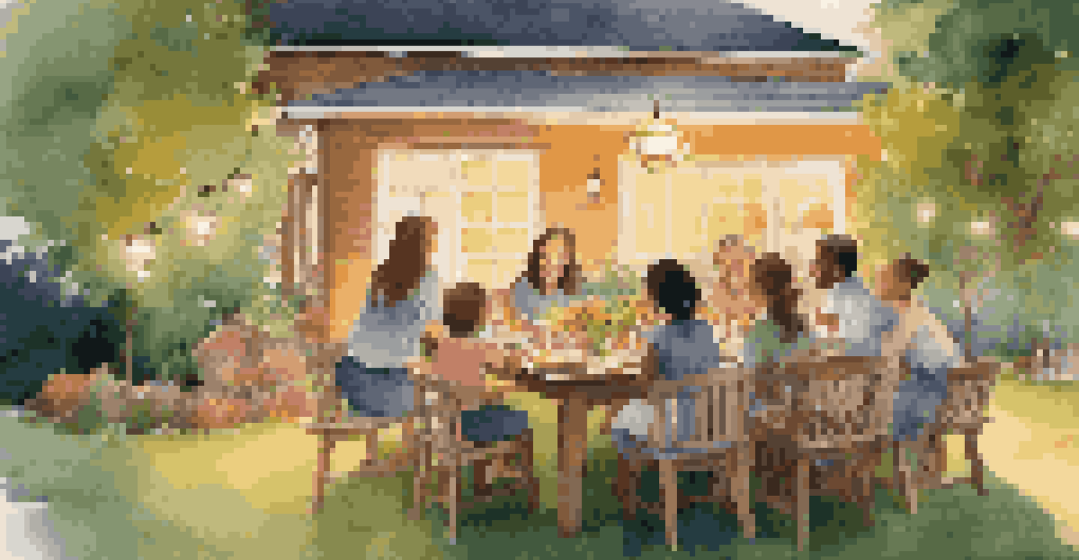 A peaceful backyard with a dining table, string lights, and a family gathering during sunset.