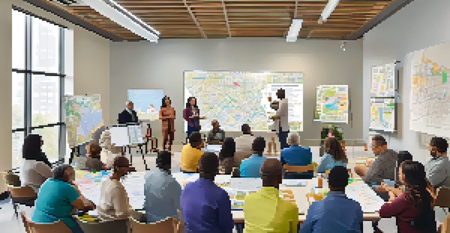 A community workshop with diverse participants discussing health initiatives, surrounded by maps and notes on a whiteboard.