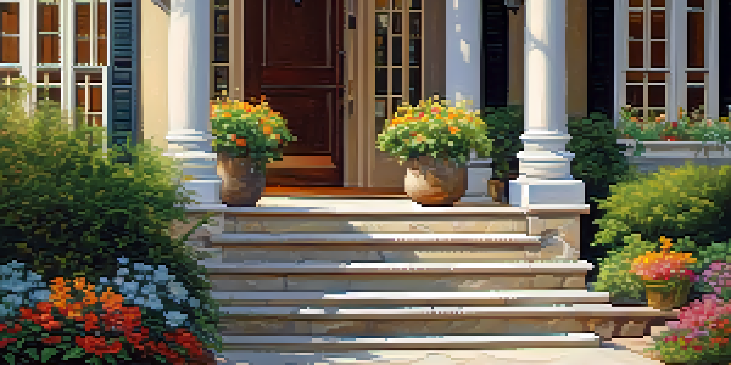 A set of elegant stone front steps leading to a charming home, flanked by vibrant potted flowers under warm sunlight.