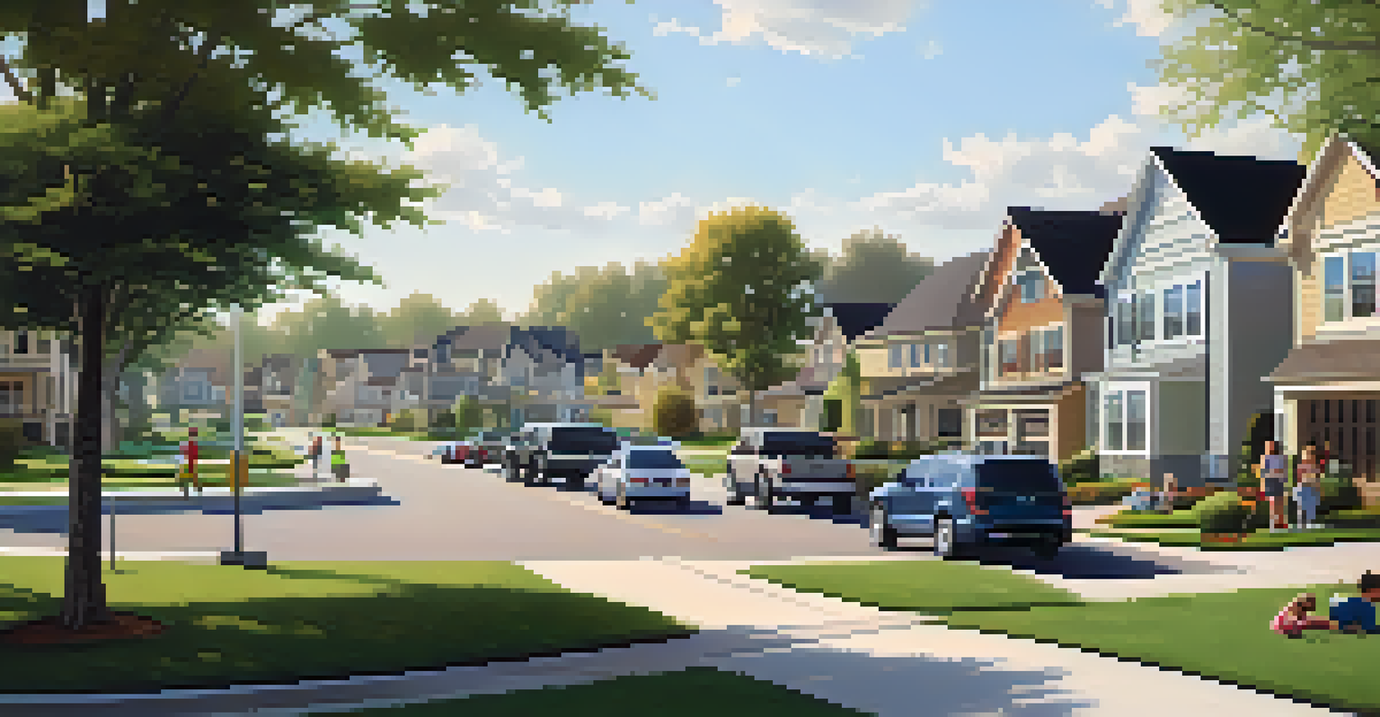 A peaceful suburban neighborhood with homes and a highway interchange in the background.