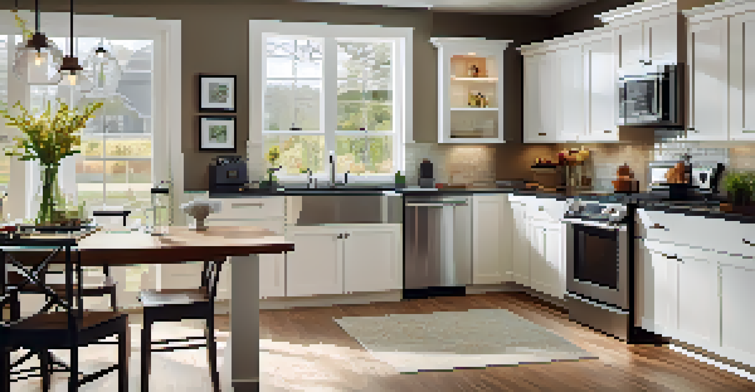 A modern kitchen with an island, pendant lights, and fresh flowers, designed to be warm and inviting.
