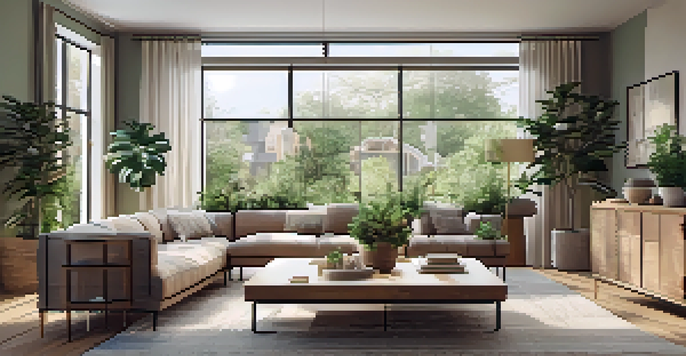 A bright and inviting living room with large windows, eco-friendly furniture, and plants, designed in neutral and earthy tones.