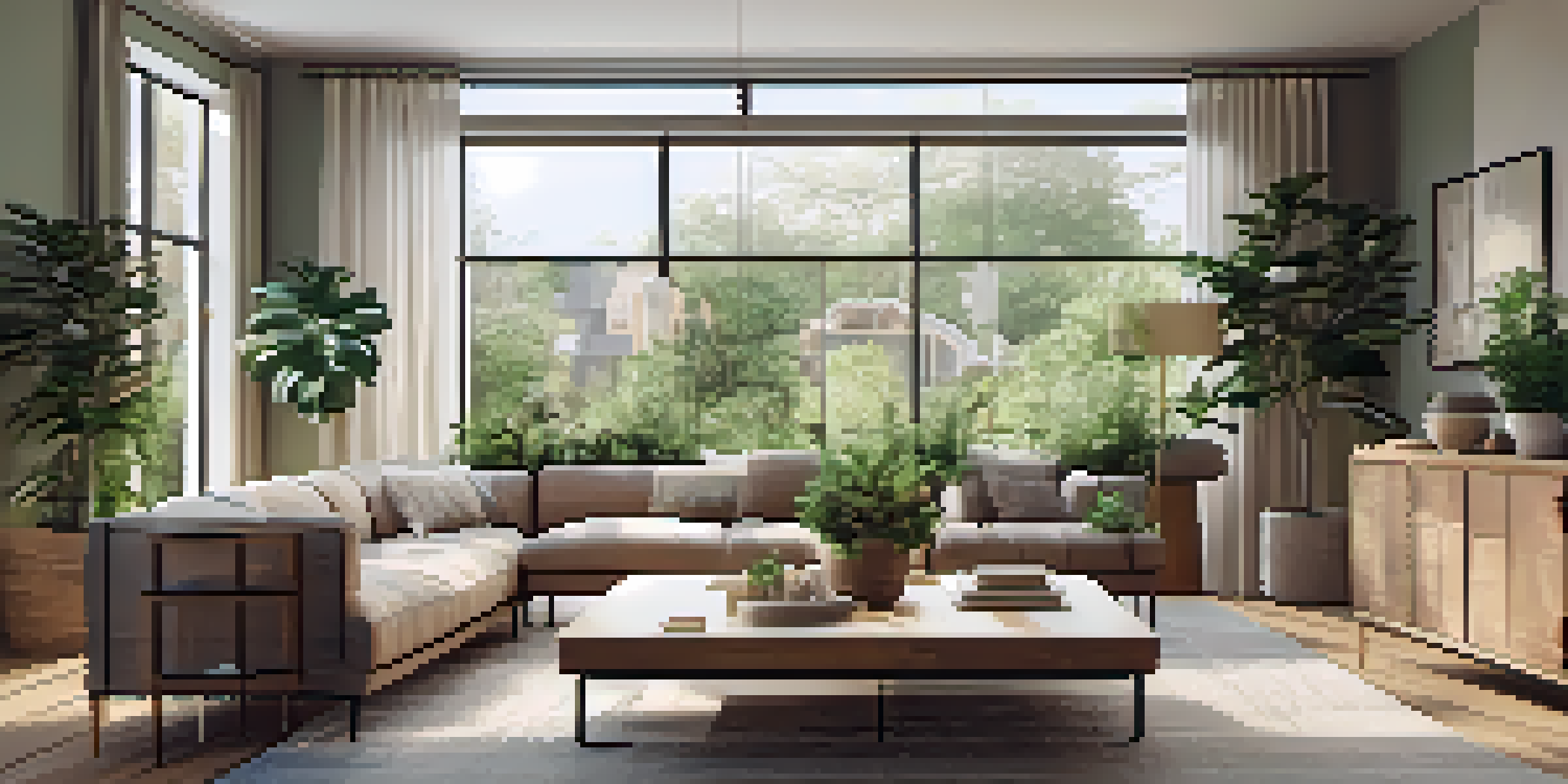 A bright and inviting living room with large windows, eco-friendly furniture, and plants, designed in neutral and earthy tones.