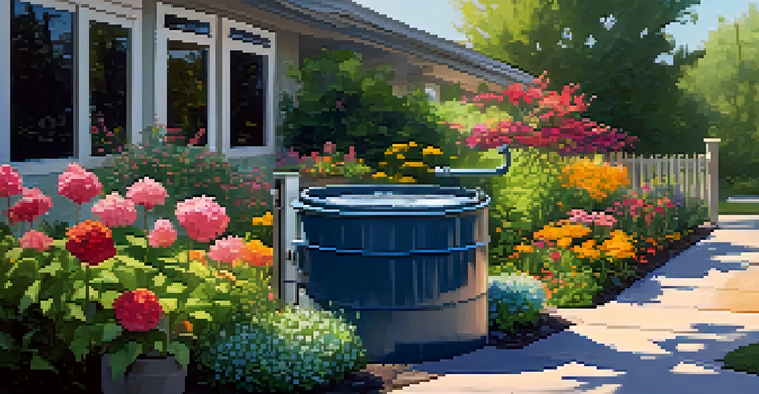 A modern greywater recycling system in a garden, showcasing a rain barrel and colorful flowers under sunny weather.