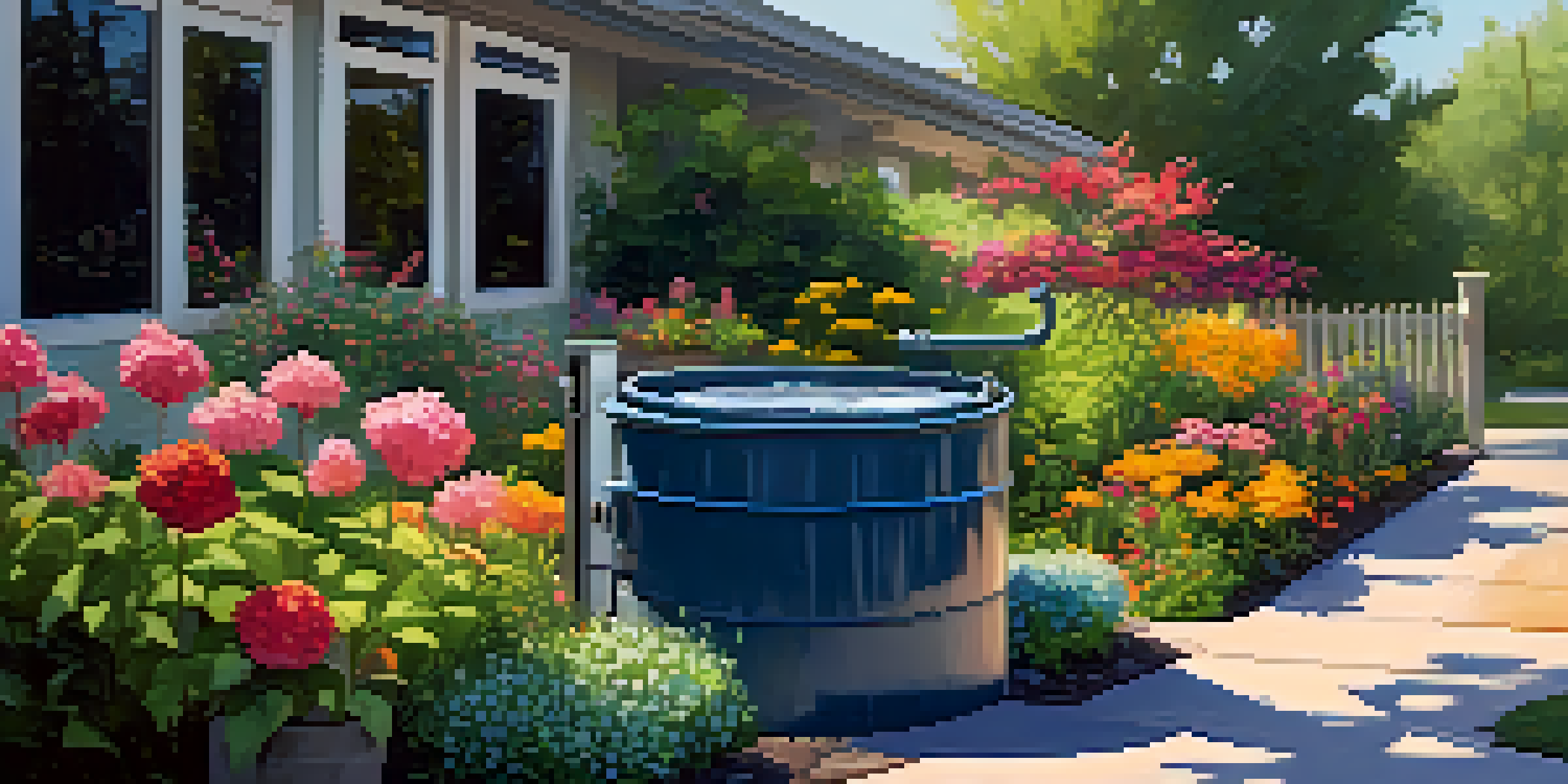 A modern greywater recycling system in a garden, showcasing a rain barrel and colorful flowers under sunny weather.