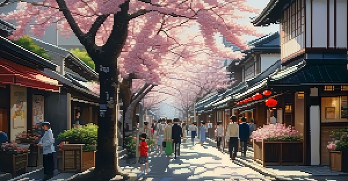 A vibrant street in Tokyo with traditional houses and modern shops, surrounded by cherry blossom trees and sunlight filtering through.