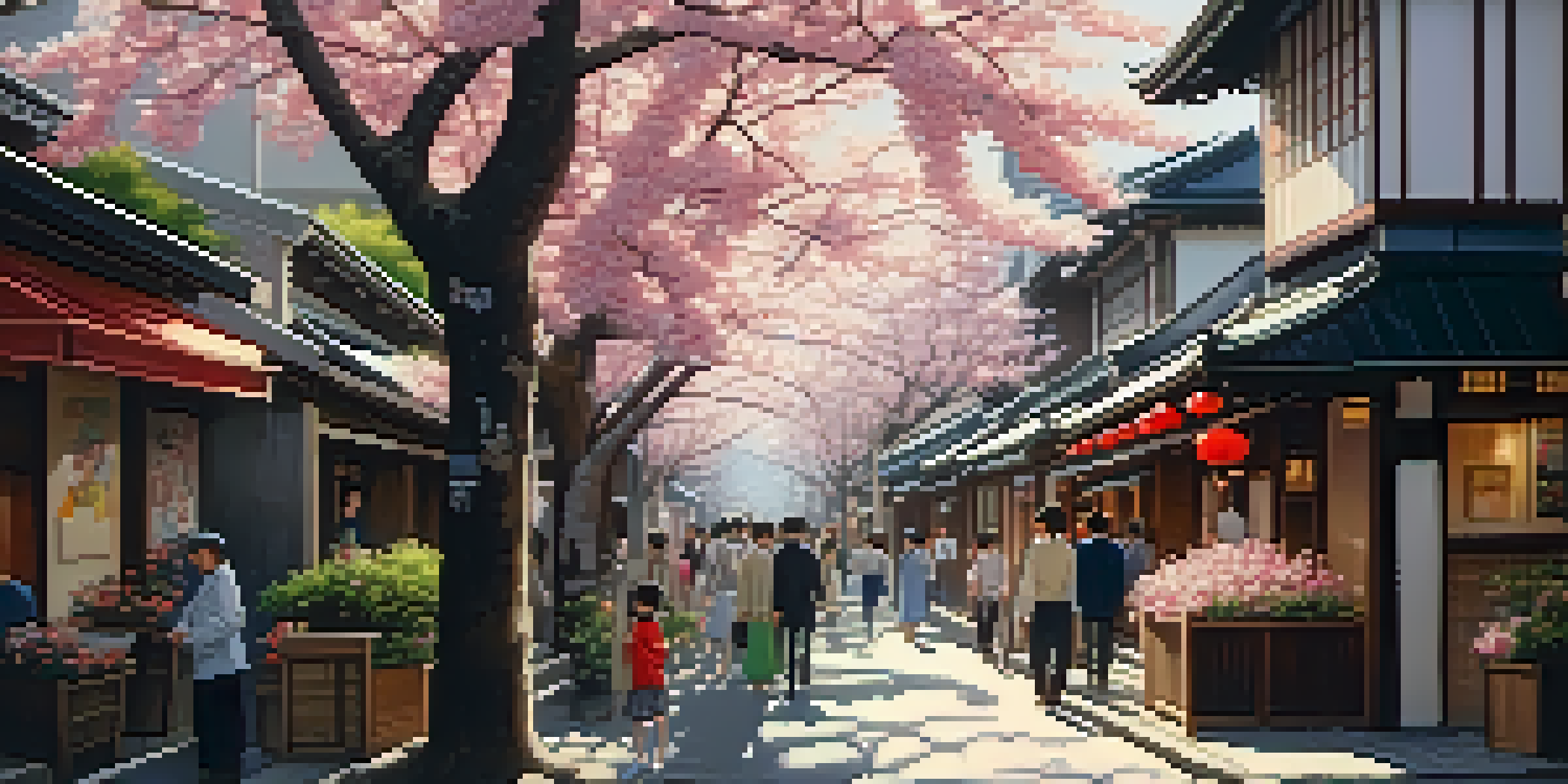A vibrant street in Tokyo with traditional houses and modern shops, surrounded by cherry blossom trees and sunlight filtering through.