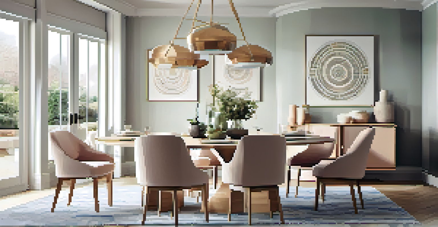 A bright dining area with a round table and geometric decor.