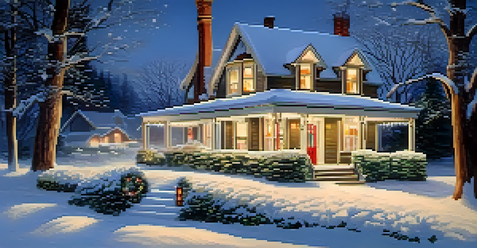 A picturesque winter house blanketed in snow, featuring festive decorations and a warm, welcoming look.