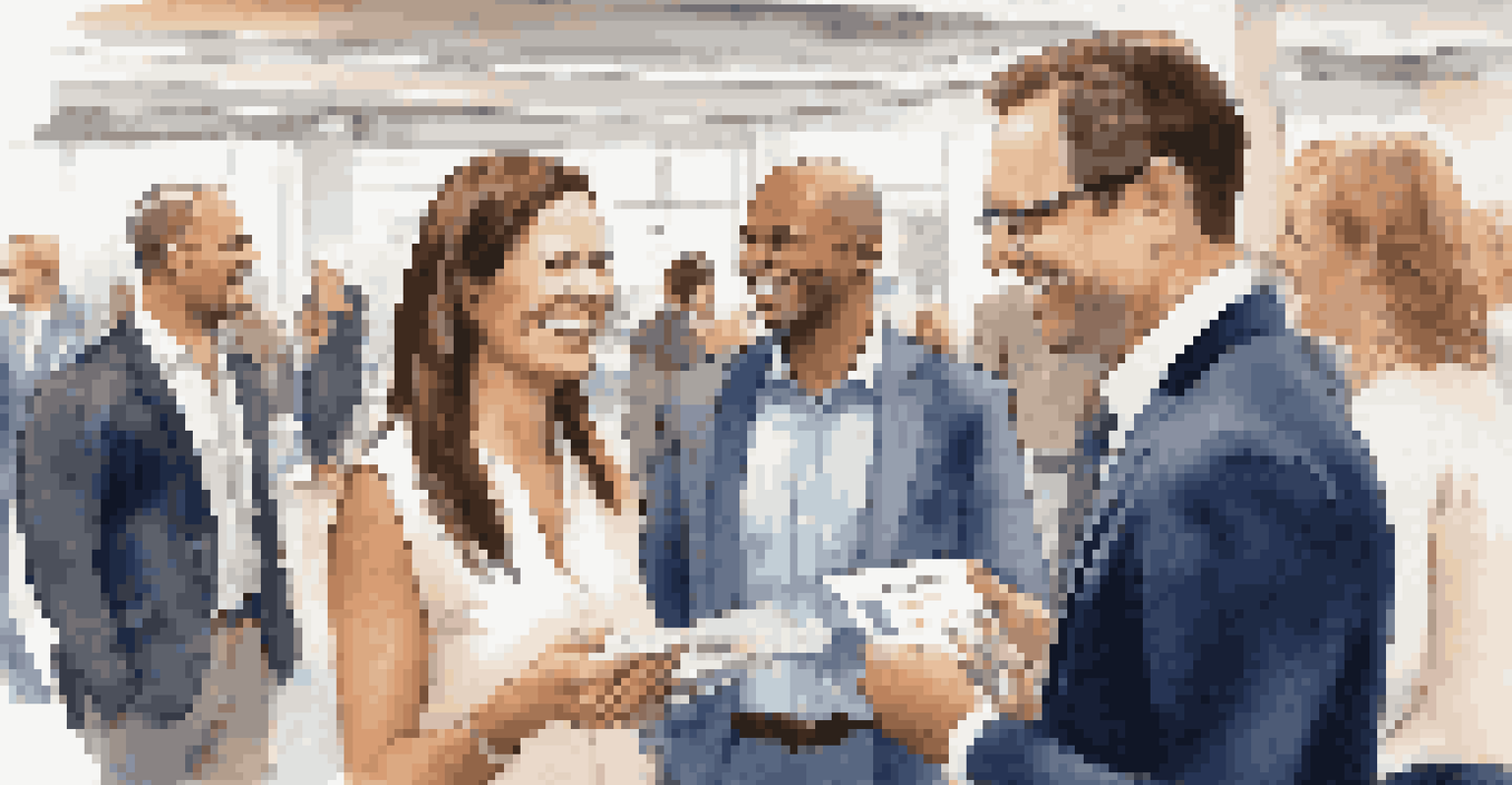 A real estate agent warmly engaging with a potential client at a networking event, highlighting a friendly atmosphere.