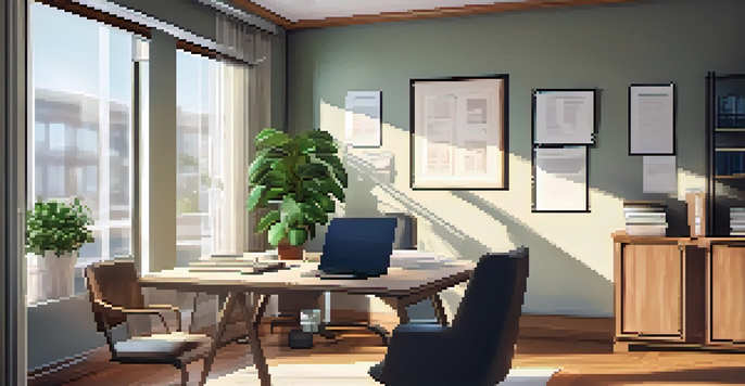 An office space with a desk, laptop, papers, calculator, and a cup of coffee, illuminated by natural light and decorated with a potted plant.